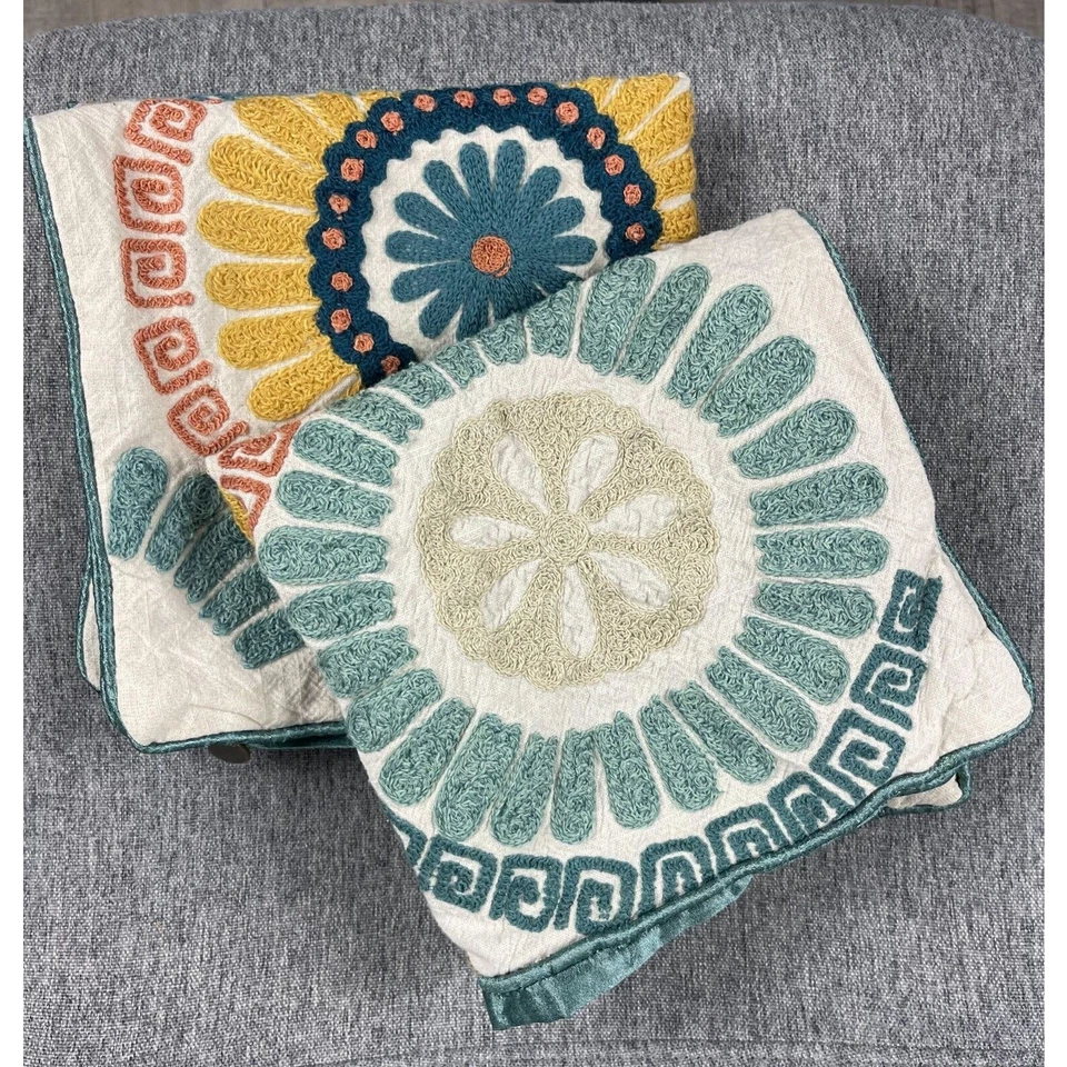 Pier 1 Imports Set of 2 Throw Pillow Cover Sham Floral Embroidered Decor 17x17 - Image 2 of 4