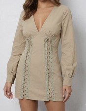MissyEmpire Dress UK 10 Beige Corset Lace Up Mini Plunge V Neck Longsleeve BNWOT