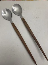 Vintage Arnart Mid Century Wood Handle Salad Fork Spoon Set Made in Japan MCM