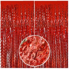 Red Streamers Tinsel Foil Fringe Curtains Wavy for Parties Sparkle Metallic W...
