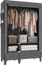 Canvas Wardrobe with 3 Drawers, 109cm Double Fabric Wardrobe with 2 Hanging Rail