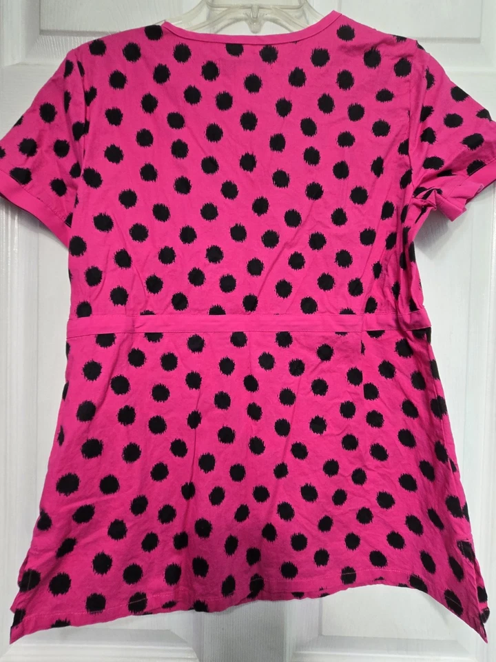 Betsey Johnson Scrub Top Size S-Hot Pink/Black Polk-a-Dot-Chest 19.5"/L 25.5" - Image 2 of 4