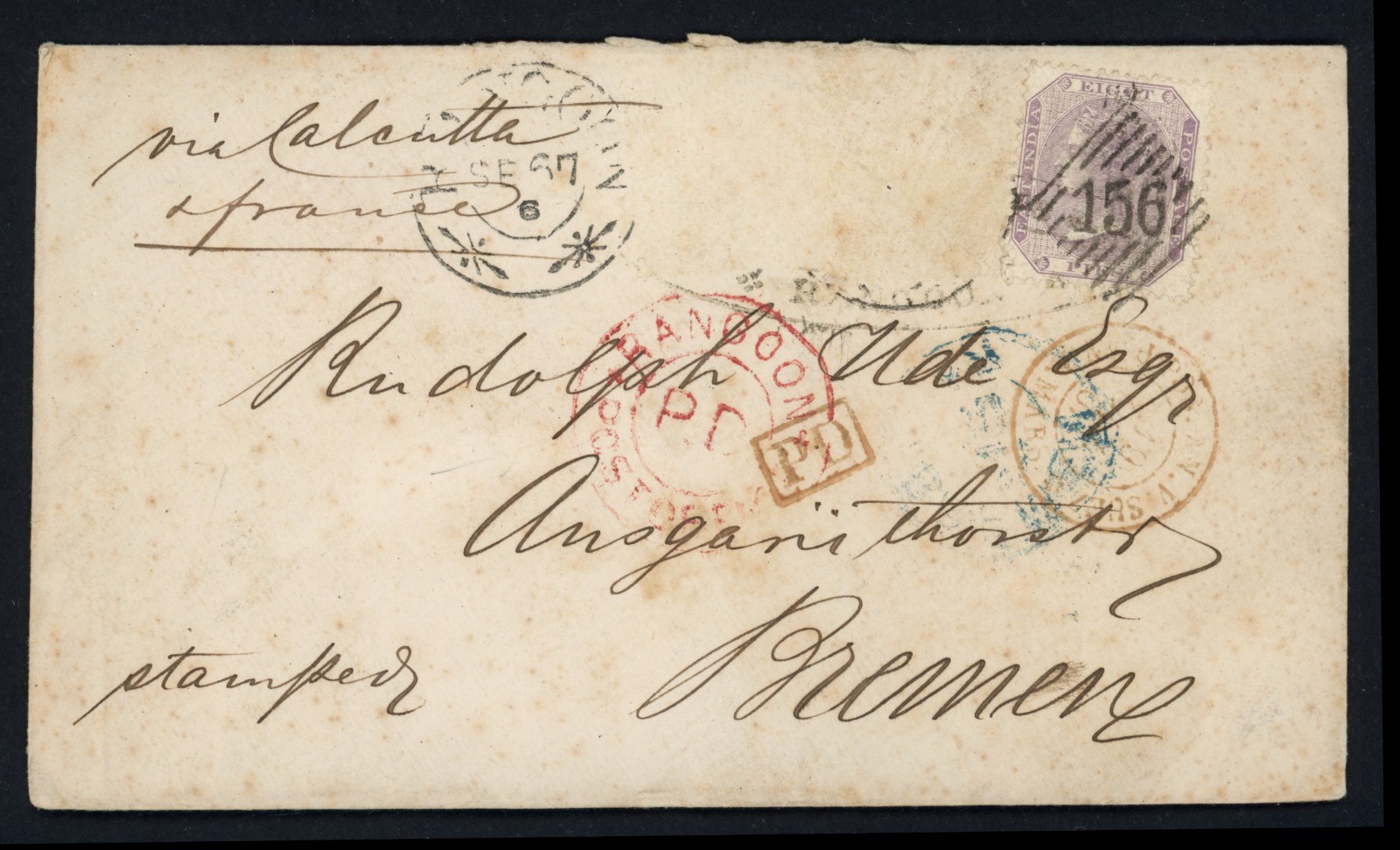 1867 India Used Burma Cover To Germany QV 9p Rangoon Mohr Brothers Co ...