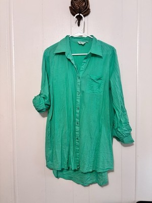 Free Destinations Women s Medium Long Sleeve Button-up 100% Cotton Tunic Green