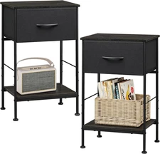 Night Stand Set 2, Black Nightstand with Fabric Storage Drawer and Open Wood She
