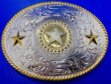 Nocona Triple Star Flower Swirl Ornate Texas Ranger Star Western Belt Buckle