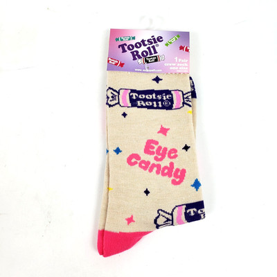 Tootsie Roll Eye Candy Adult Sz 8-12 Pink Cream Graphic Novelty Crew Socks 1 Pk