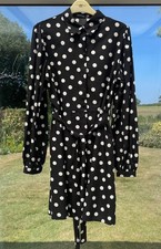 Boohoo Mini Dress Black White Polka Dot Button Through Shirt Style + Belt 14