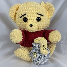 Winnie the Pooh Bear Hand Made Crochet Knitted 15 Inches Tall Honey Pot Bees