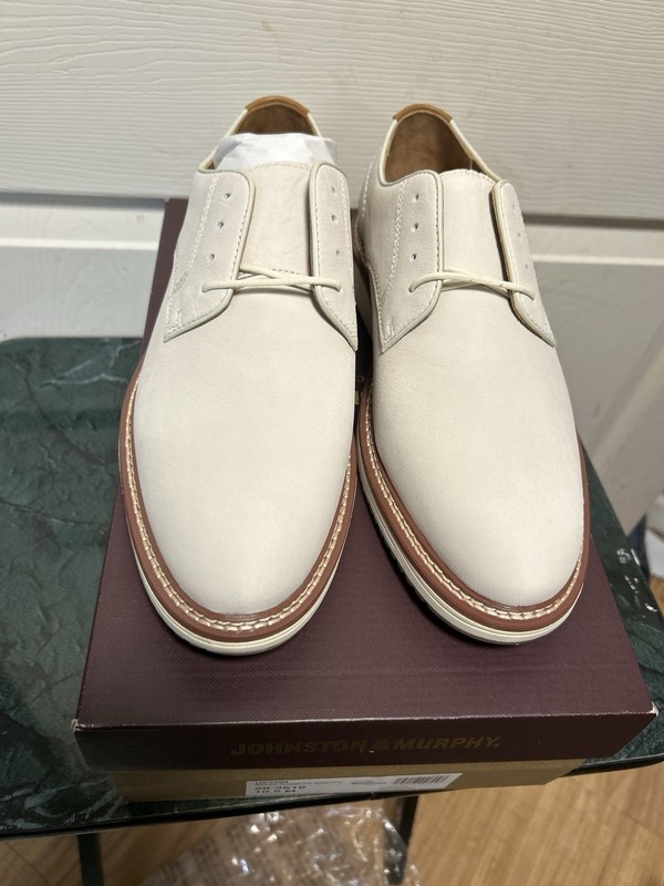 JOHNSTON & MURPHY Upton White tumbled nubuck Derby with Brown Welt