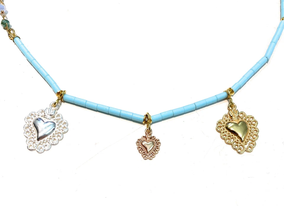 Collarino diWa Jewels turchese 4 fiori ematite argento charms cuori ex voto - Immagine 4 di 4