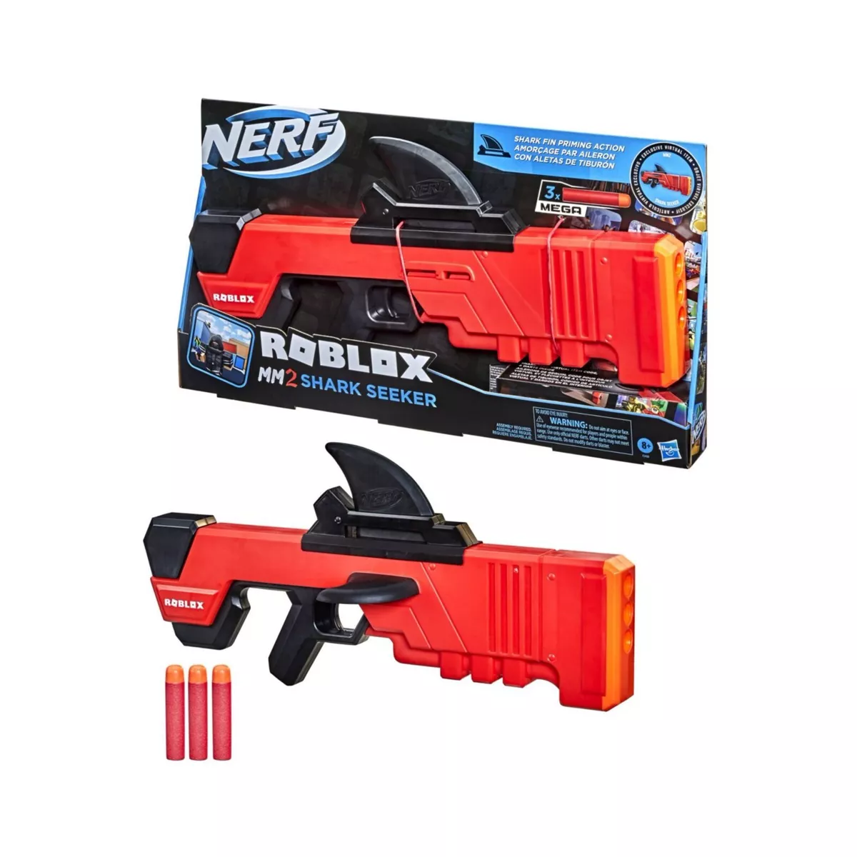 NERF Roblox MM2: Shark Seeker Dart Blaster, Shark-Fin Priming, 3 Mega