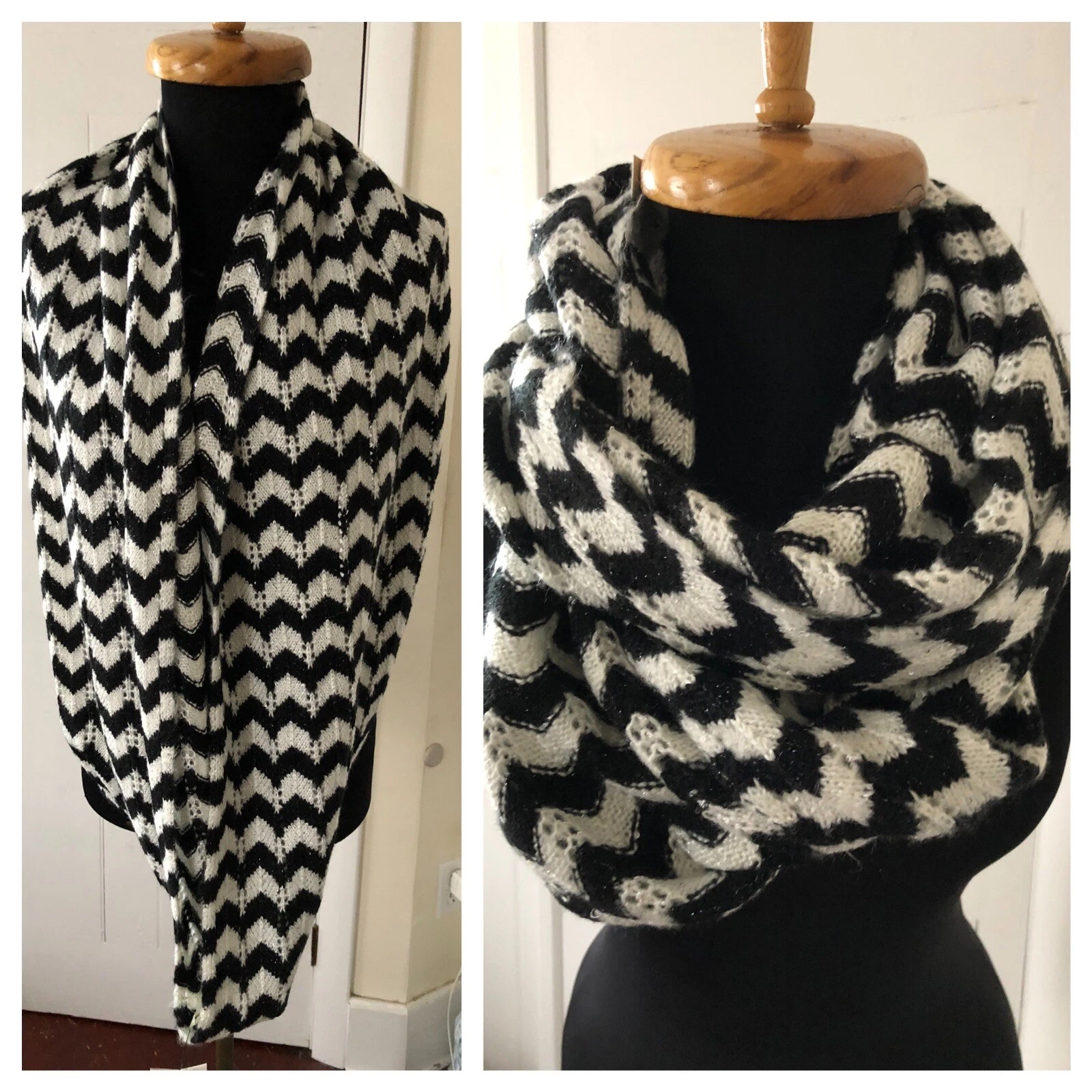 New Calvin Klein Infinity Loop Scarf Chevron Pattern Cut Out Sequin Black White