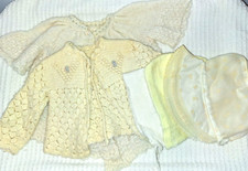 Vintage 1950s Crotchet Knit Wool Baby Infant Cream Embroidered Sweaters, Bonnets