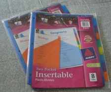 NEW ~Avery Two Pocket Insertable Plastic Dividers, one pack with 8 Tabs (81825)