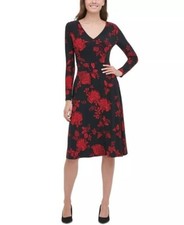 NEW TOMMY HILFIGER BLACK RED FLORAL CAREER FIT AND FLARE MIDI  DRESS SIZE 4