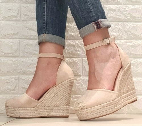 scarpe donna estive sandali espadrillas con zeppe alte zeppa nero beige  camoscio | eBay