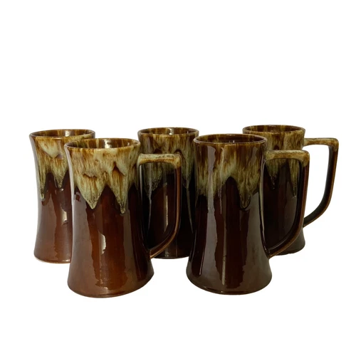 Vintage Glazed Brown Drip Pottery Mugs Tankards Lot Set of 5 6" Tall w/ Handle