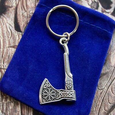 Doppelseitiger Schlüsselring Wikingeraxt & Geschenktasche, Aegishjalmur nordische Rune Odin Thor