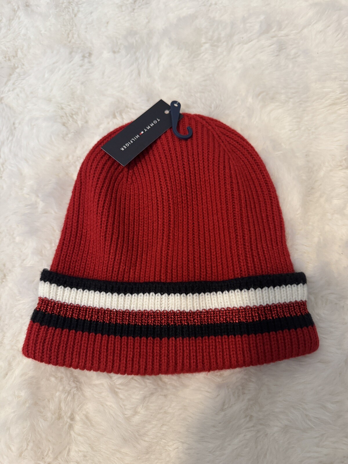 Tommy Hilfiger Womens Metallic Stripe Cuff Beanie One Size Holiday Winter Gift