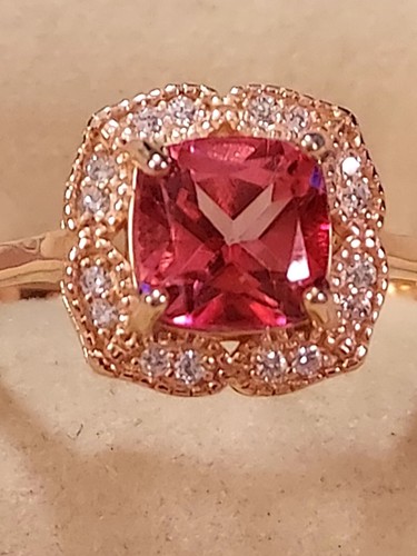 Cushion-Cut Pink Topaz 7mm & Simulated Cz's, 14K Rose Gold Plate St.S. 925, 8.5 - Picture 9 of 15