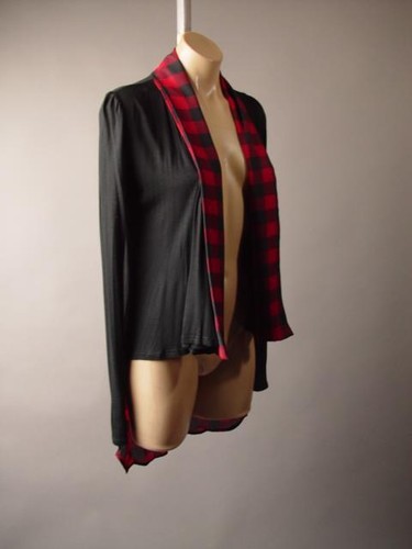 Red Black Buffalo Plaid Shawl Collar Tailcoat Style Jacket 257 mv Cardigan S M L