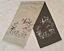 VINTAGE AUTHENTIC FLOWERS EMBROIDERY BIRDS GRAY PINK SATIN LONG WOMENS SCARF