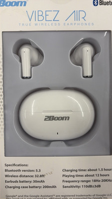 2Boom Vibez Air True Wireless Bluetooth Earphones White Google Siri Enabled