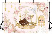 7x5ft Mi Primera Comunion Backdrop for Girl God Bless Baptism Party Decorations