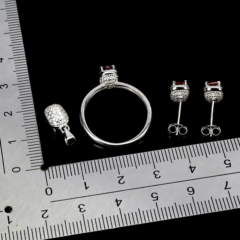 925 Argento Sterling Set Ciondolo Orecchini Anello Antico Ruby 6x4mm Gemma Sz 8 - Immagine 3 di 4