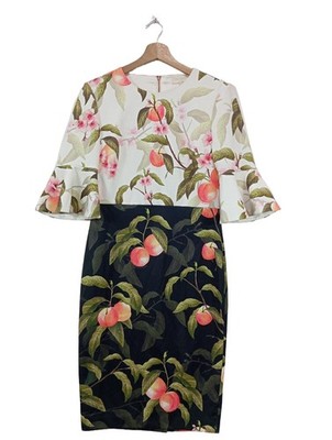 TED BAKER Cocktailkleid Damen Kleid Gr. DE 36 khaki-hellorange-wollweiß Elegant