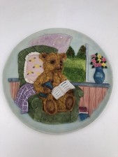 Vintage Ceramic Handpainted 3D Teddy Bear Sitting Reading Decorative Plaque