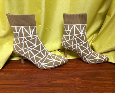 Women s Taupe/White Geometric Knit Sock Ankle Boots Pointed Toe Pull On 8