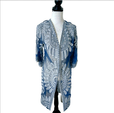 Rebellion again  Boho blue Duster Open Front Embroidery Cover-Up Size Small