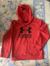 Under Armour Boys Red Fleece Pullover Hoodie Logo Long Sleeve Size 7