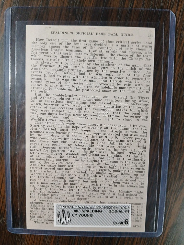1908 Spalding #1 Cy Young - Boston A.L. Equipo - Calificación AAA 6 EX-MT  Foto 2 de 4