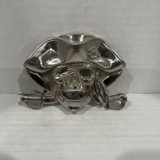 Pirate Jolly Roger Belt Buckle Solid Pewter Silver Tone Swashbuckler 4486 4"x3"