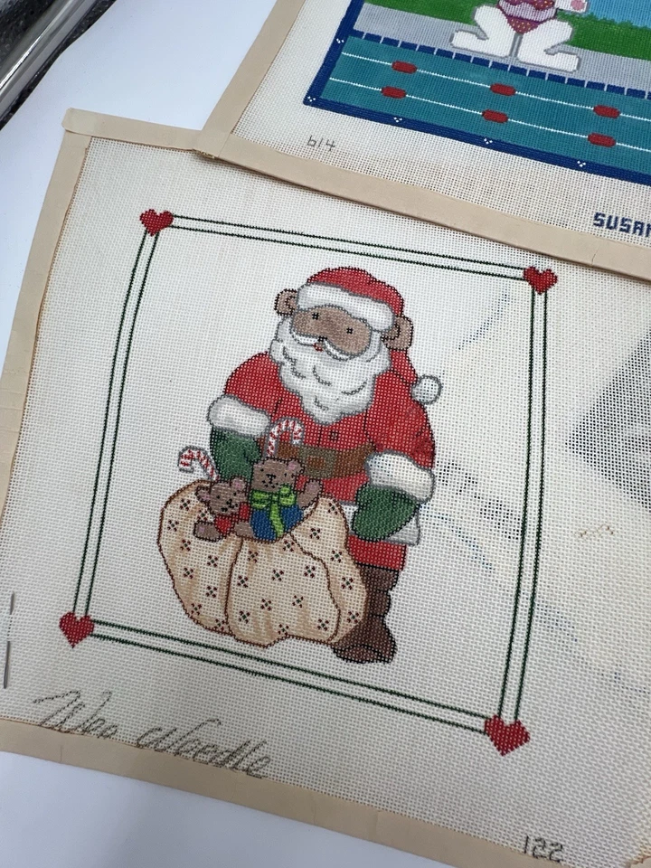 Lot Of 5 Printed Needlepoint Canvases Santa Dogs Flowers Bunny Varied Sizes - Image 2 of 4