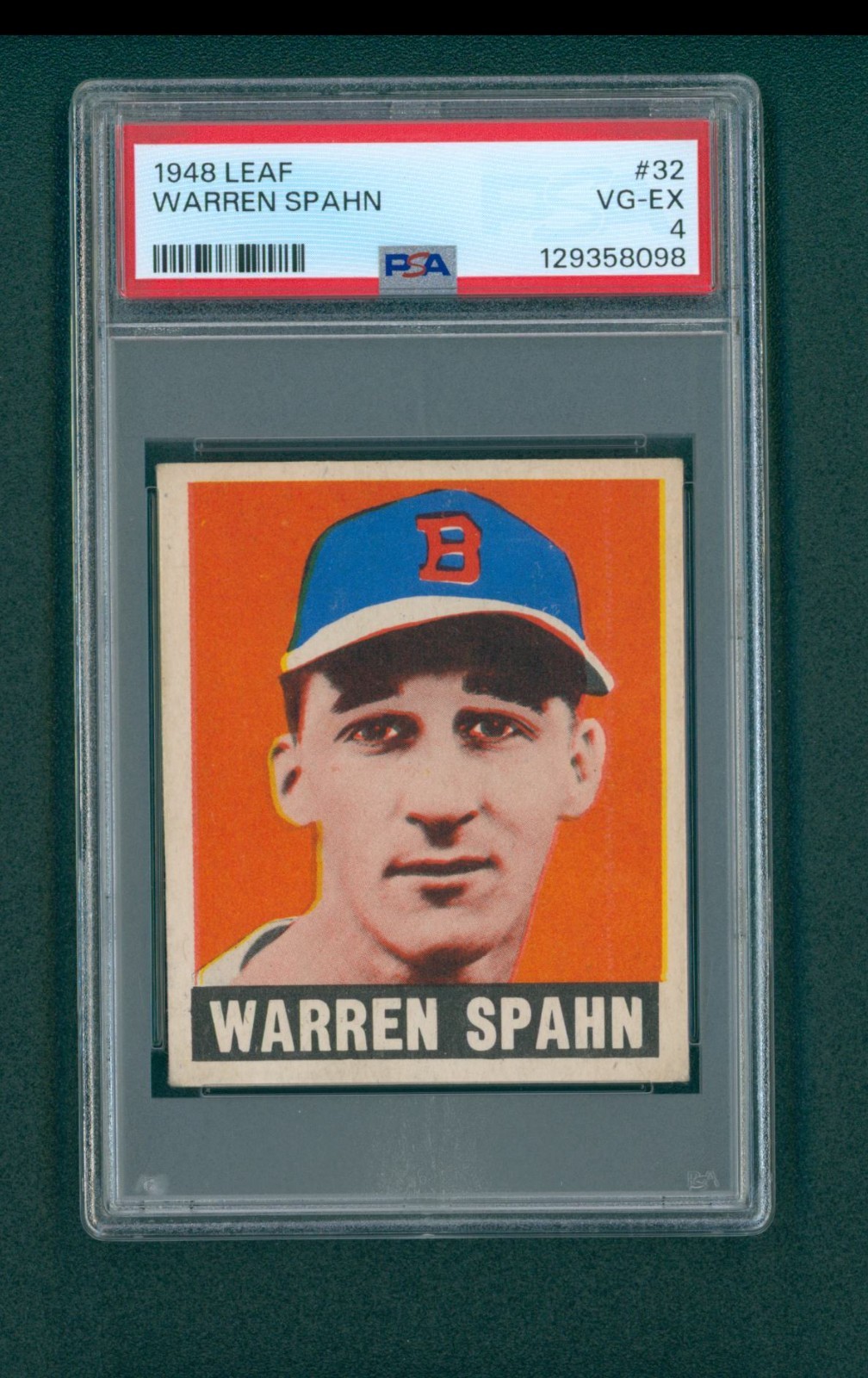 1948 Leaf Baseball Card - #32 Warren Spahn RC, PSA 4 VG/EX