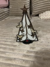 Vintage Stained Glass And Metal Decorative Christmas Tree W/ Bird Motifs