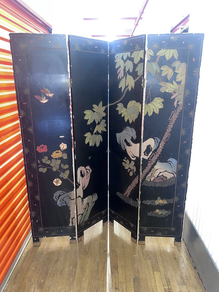 Oriental Asian Four Panel Screen Gold Chinoiserie Coromandel Room Divider Geese - Image 4 of 4