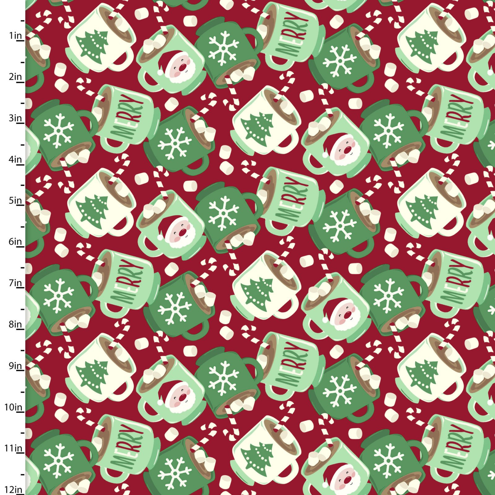 3 Wishes Christmas Snow Hot Cocoa Mug Toss Fabric Red Green Holiday Print YARD