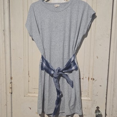 Hem & Thread Gray Solid Knit T-Shirt Dress Blue Tie Waist Pullover Women M