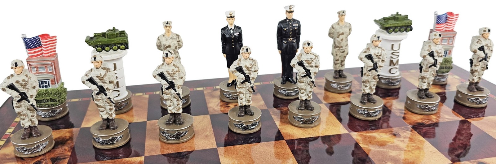 US Military Army Navy Air Force or Marines Chess Set Cherry Color Storage Board