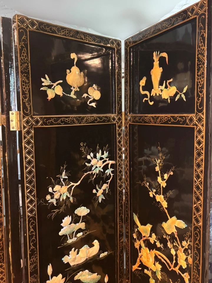 Antiguo/Vintage Asiático Oriental 4 Paneles Pantalla Divisor de Habitación 70" Largo 72" Alto Foto 4 de 4