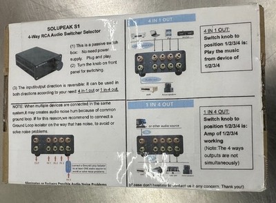 SOLUPEAK 4 to 1 RCA audio switch Stereo Signal Source Switcher Passive selector