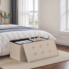 30" Folding Storage Ottoman Footstools with Cover for Living Room Bedroom Beige 