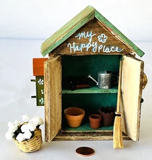 Miniature Dollhouse Garden Potting Shed My Happy Place Birdhouse Tools Flowers