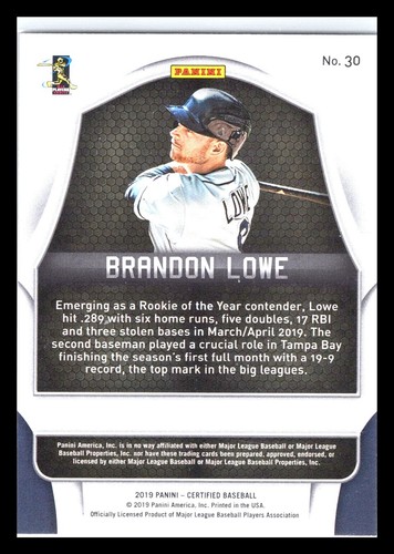 2019 Panini Certified Baseball Mirror Gold /25 Brandon Lowe RC Rookie Rays #30 - Picture 2 of 2