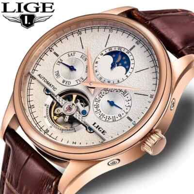 Luxus Tourbillon Automatik Uhr Mondphase Wasserdicht Lederarmband Elegant